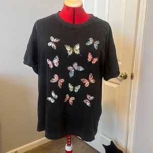 New Zutter sz S distressed collar&hem,cuffed sleeve butterfly tee washed look